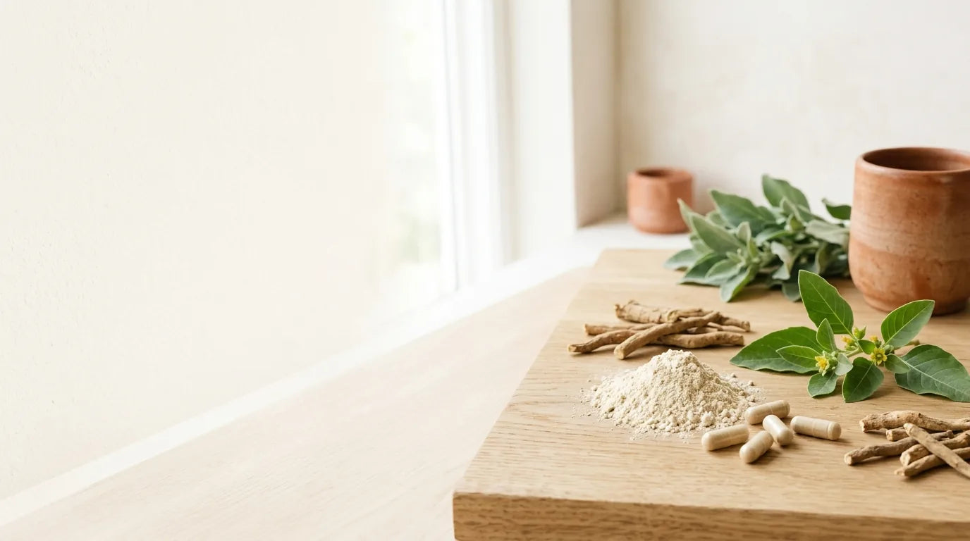 Ashwagandha root, powder and capsules on a light oak board in daylight